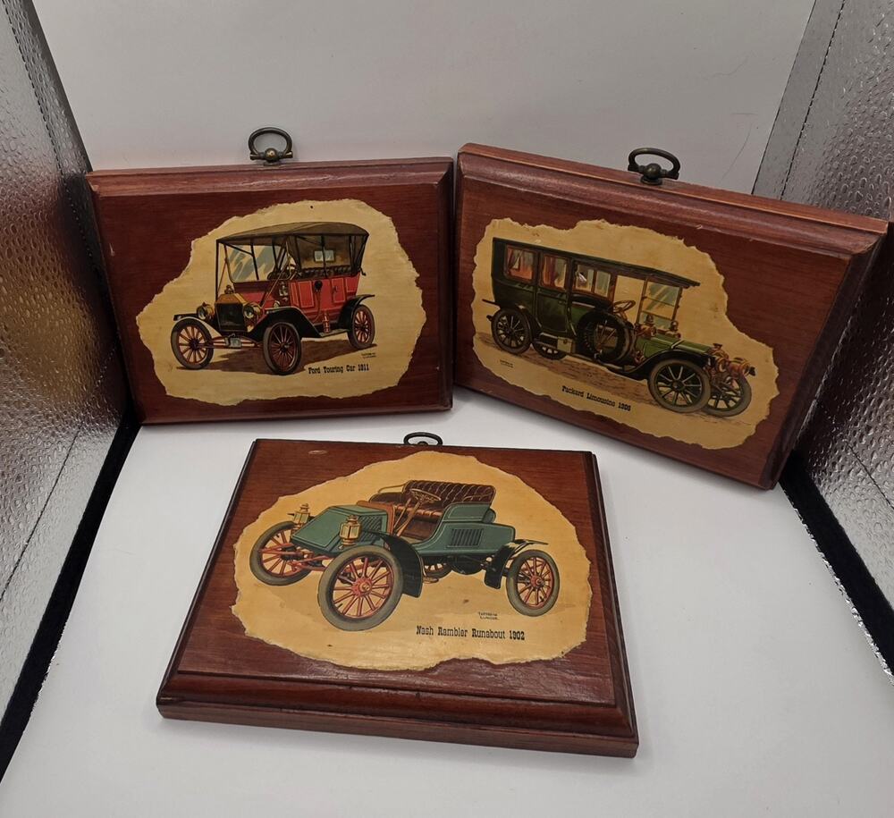 Frederick Elmiger Vintage Antique Car Wood Plaques Set 3 Ford Packard Nash